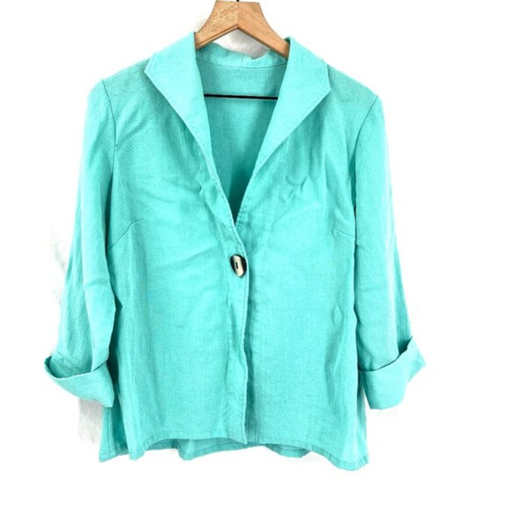Fridaze Lagenlook linen single button blazer jacket tiffany turquoise blue top M